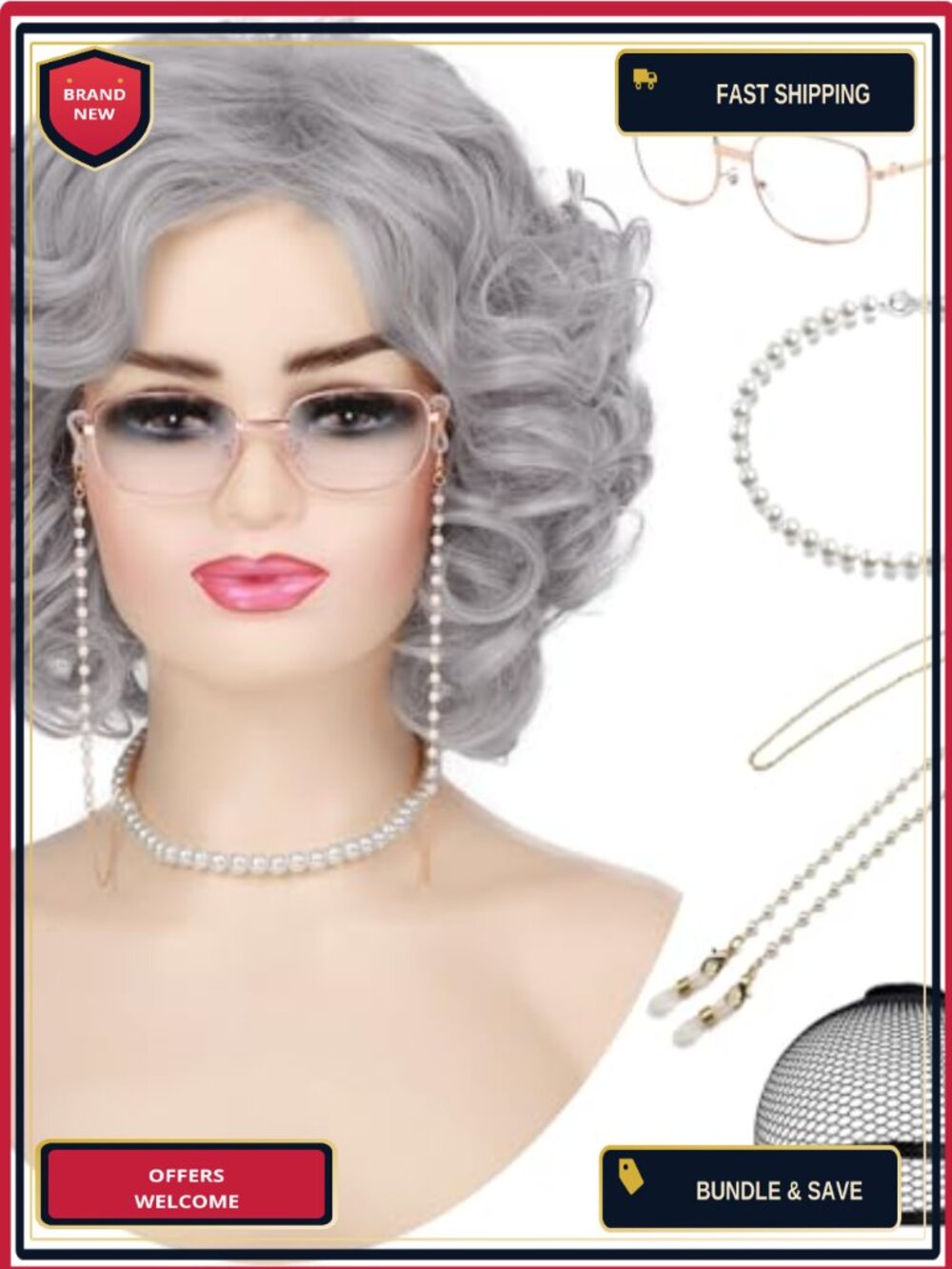 Old Lady Gray Wig Set Curly Grandma Cosplay Costume with Accessories